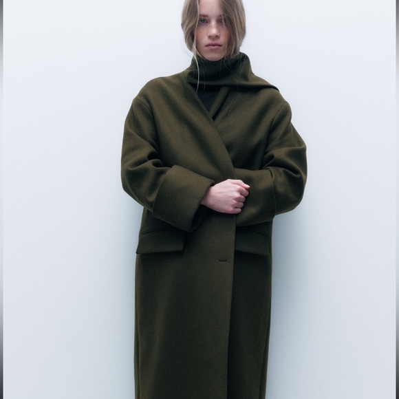 ZARA KHAKI MANTECO WOOL SCARF COATZW COLLECTION - Picture 9 of 14